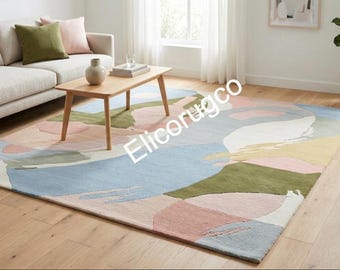 Abstract Face Hand Tufted Wool Rug, Modern Art Area Rug, Boho Statement Piece