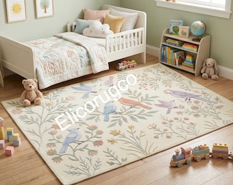 Hand Tufted Wool Bird Garden Rug, Cottagecore Floral Area Rug, Nature Inspired Bedroom Decor