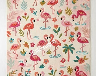 Flamingo Rug, Pink Tropical Rug, Hand Tufted Wool Rug, Tropical Bird Area Rug, Flamingo Nursery Rug, Colorful Animal Rug, Kids Room Decor