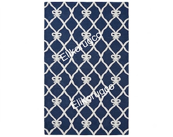 Hand Tufted Wool Trellis Bow Rug: Navy, Green, Pink, Ivory (Custom Sizes)