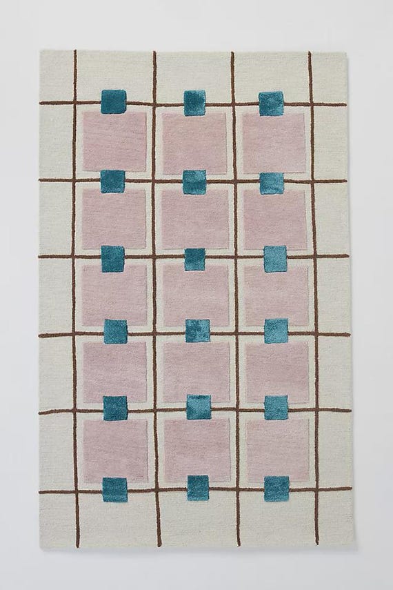 Modern Geometric Rug, Hand Tufted Wool in Mauve Pink and Teal