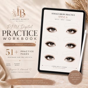 以下が含まれることがあります： タブレット画面に表示されたデジタルPMU練習用ワークブック。FEMALE BROW PRACTICE SPINE 6の文字、眉の輪郭が描かれた3組の目のイラスト、Lumière Beautyのロゴが特徴です。タブレットの横には白いスタイラスペンが置かれています。