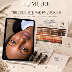 May include: A digital bundle for PMU artists featuring a tablet displaying a person with eyebrow tattoos, a brow colour palette chart, three tattoo needle cartridges, a practice sheet, and a stylus, all branded with Lumiere Beauty Academy.