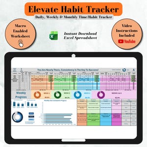 May include: A digital habit tracker spreadsheet displayed on a tablet screen. The interface features colourful charts, progress bars, and tables for tracking daily, weekly, and monthly tasks. Text includes Elevate Habit Tracker, Macro Enabled Worksheet, and Instant Download Excel Spreadsheet.