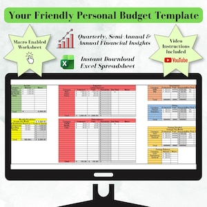 May include: A computer monitor displaying a personal budget template spreadsheet. The screen features text reading Your Friendly Personal Budget Template, Macro Enabled Worksheet, Quarterly, Semi-Annual & Annual Financial Insights, and Instant Download Excel Spreadsheet, alongside a YouTube icon.