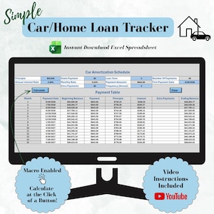 May include: A digital display showing a Simple Car/Home Loan Tracker Excel spreadsheet. The interface includes a Car Amortisation Schedule, a Payment Table, a Calculate button, and icons for an Excel file, a house, a car, and YouTube video instructions.