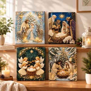 May include: Four rectangular wall art canvases featuring Christmas nativity scenes decorated with pearl-like beads. The images depict the holy family, angels, and animals in festive settings with gold stars, evergreen trees, and glowing candles.