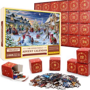 Puede incluir: Un calendario de adviento de rompecabezas con 1008 piezas, con una escena de pueblo invernal en la caja. Incluye 24 cajas rojas numeradas, cada una con 42 piezas de rompecabezas, y un póster. Las dimensiones de la caja son 70 x 50 cm.