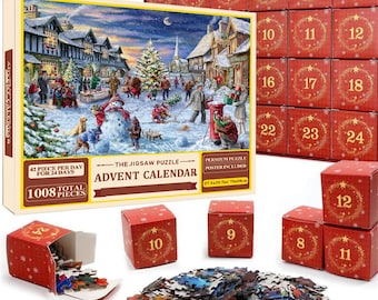 Adventskalenderpussel 2026, 24 dagars nedräkning, 1008 bitars pussel med jultomten, familjespel för högtider, julklapp för barn och vuxna