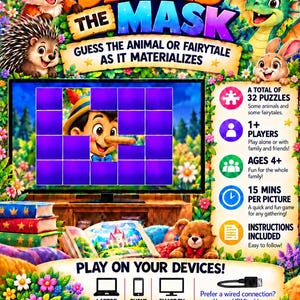 May include: A digital game advertisement titled Behind The Mask featuring a fox, hedgehog, dragon, and rabbit. A screen displays a puzzle of Pinocchio. Icons indicate 32 puzzles, 1+ players, ages 4+, and 15-minute play times.