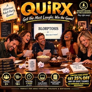May include: The Quirx adult party game features a large gold title, a screen displaying the word BLORPTOSIS, and a white mug with the text Same People Different Minds Bigger Laughs. Includes game details like 2+ players, 18+ ages, and 46 clue slides.