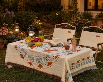 Boho Outdoor Camping Blanket, Fringed Picnic Throw, Ethnic Woven Table Cover, RV Camper Decor, Indoor Outdoor Blanket