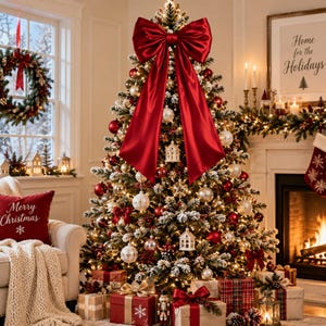 May include: A flocked Christmas tree topped with a large, shiny red satin bow. The tree is decorated with red and gold ornaments, white house-shaped baubles, and warm string lights. Wrapped gift boxes with ribbons sit at the base of the tree.