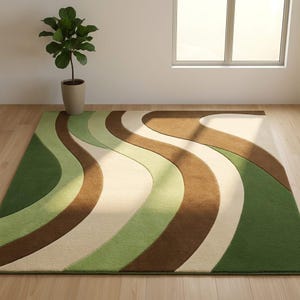 Modern Wavy Abstract Area Rug, Green and Brown Earth Tone Rectangular Tufted Floor Mat for Living Room or Bedroom