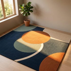 Mid-Century Modern Abstract Geometric Area Rug, Colorful Circle Pattern Rectangular Tufted Floor Mat for Living Room or Bedroom