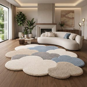May include: A large, plush area rug shaped like a cluster of clouds, featuring a textured, multi-colored design in shades of cream, beige, light blue, and grey. The rug is composed of rounded, overlapping sections that mimic the appearance of clouds.
