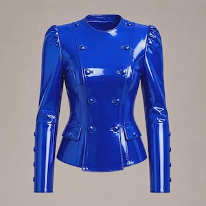 May include: A vibrant royal blue jacket with a glossy patent finish, featuring a double-breasted front with six buttons, a round neckline, long sleeves with four buttons on each cuff, and two small flap pockets at the waist.