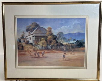 VTG D'Arcy Doyle The Cricket Match Framed Art Print Nostalgic Australian Outback