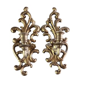 Vintage Gold Ornate Scroll Wall Sconces Pair Hollywood Regency Taper Holder