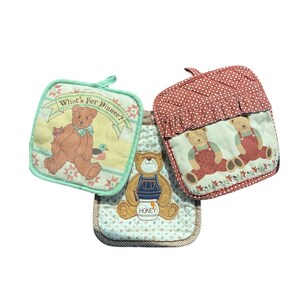 VTG 80s Teddy Bear Pot Holder Set Quilted Kitchen Linens Country Farmhouse 3pc