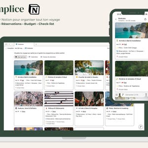 Peut inclure: Un modèle de planificateur de voyage numérique affiché sur un écran d'ordinateur portable et un smartphone. L'interface présente le texte Complice et Notion, avec des sections organisées pour les itinéraires, réservations, budgets et listes.