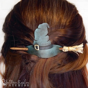 Leather & Wood - Witch Hat Hair Pin/Slide Stick with Broom