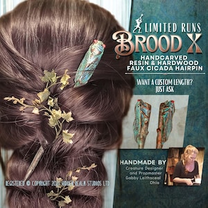 Brood X - Limited Run: Cicada Hair Stick Faux Bronze Finish | Handmade Resin & Wood Insect Hairpin | Fantasy Woodland Gothic Hair Accessory