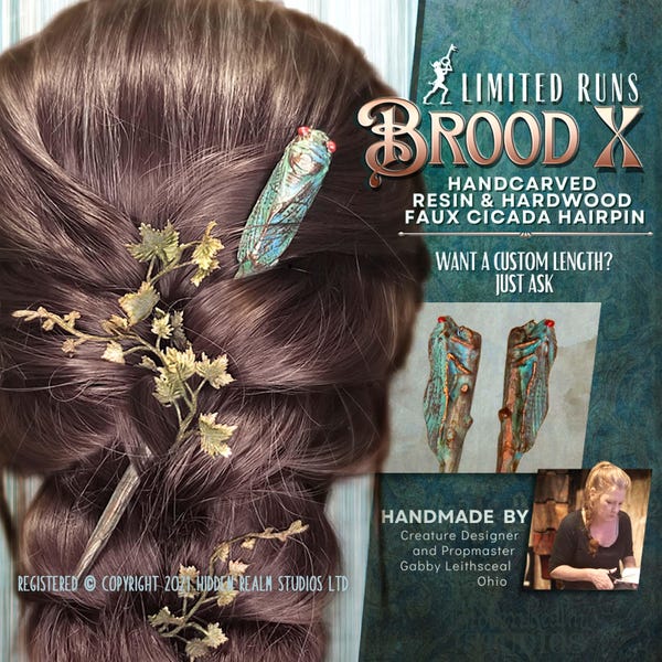Brood X - Edición Limitada: Horquilla para el cabello con forma de cigarra sintética / Horquilla artesanal de resina y madera con forma de insecto