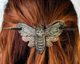 Leather & Wood Death Moth Hair Pin Stick Slide