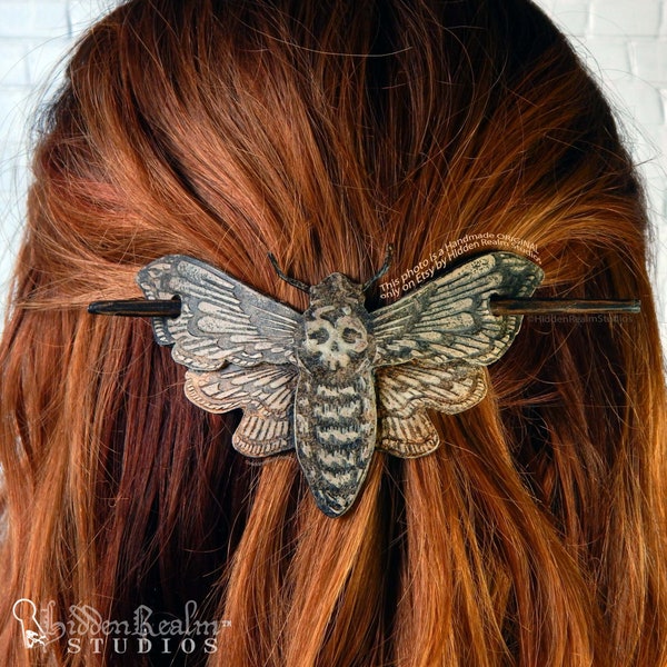 Leather & Wood Death Moth Hair Pin Stick Slide