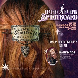Handmade Leather Spiritboard Stick Slide with Planchette Charm and Wood Hairpin