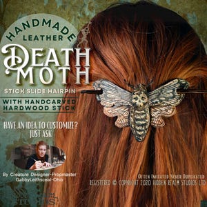 Handmade Layered Leather Death’s Head Moth Stick Slide with Hand carved Wood Hairpin | Dark Folklore-Inspired Deathmoth Skull Hair Accessory