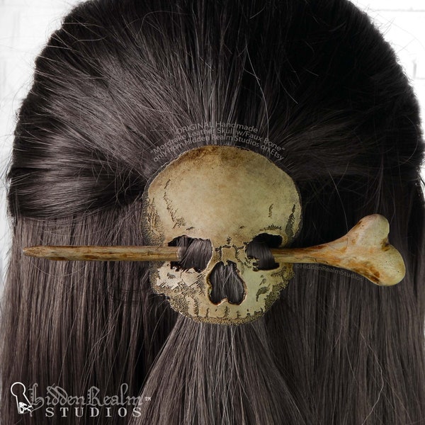 Mordrake Handmade Leather & Wood Skull Hair Pin- Stick Slide with Faux Bone