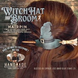 Classic Witch Hat Stick Slide and Broom Hair Stick | Handmade Leather, Wood & Raffia Hairpin Set | Whimsical Gothic Fantasy Hair Accessory