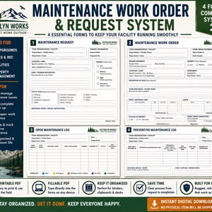 May include: A maintenance work order and request system featuring four essential forms for facility management. The document includes a maintenance request, work order, open maintenance log, and preventive maintenance log with clear fields.