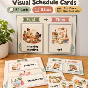 May include: Preschool visual schedule cards set featuring 54 cards in 3 sizes. Includes First-Then and Now-Next-Later boards with illustrated activities like morning meeting, art, bathroom, wash hands, clean up, outdoor play, reading, science, and snack.