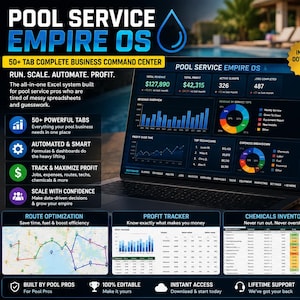 May include: A digital business management system for pool service professionals displayed on a laptop screen. The interface features charts, revenue data, and tabs for route optimisation, profit tracking, chemical inventory, and technician performance.