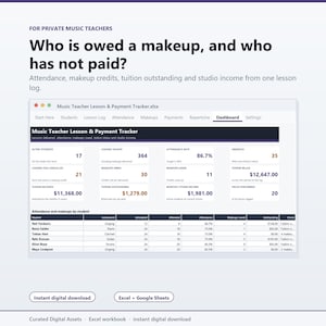 Könnte beinhalten: Eine digitale Tabellenkalkulation mit dem Titel Music Teacher Lesson & Payment Tracker.xlsx für private Musiklehrer. Das Dashboard zeigt Kennzahlen wie aktive Schüler, erteilte Unterrichtsstunden, Anwesenheitsquoten und offene Zahlungen.