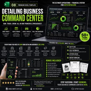 May include: A digital Excel template for auto detailing businesses, featuring a dark interface with green accents. The display shows a business command center dashboard with financial charts, job tracking, customer CRM, and invoice templates.