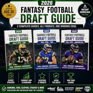 May include: A 2026 Fantasy Football Draft Guide digital product featuring three distinct PDF manuals for Half-PPR 1QB, Full PPR 1QB, and Full PPR Superflex formats. Each guide displays a football player in uniform and includes expert strategy, rankings, and data.