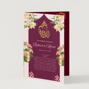 May include: A folded wedding invitation card in deep burgundy and cream featuring a gold Ganesha icon, floral illustrations, and hanging lanterns. The text reads The Wedding Ceremony Of Rakesh & Meena, Saturday June 11, 2028, Vivaha Samskara, and Om symbols.