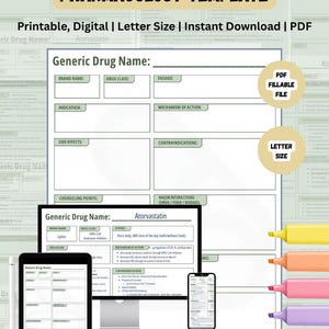 May include: A pharmacology template document featuring sections for generic drug name, brand name, drug class, dosage, indication, mechanism of action, side effects, contraindications, counseling points, and major interactions in a letter size PDF.