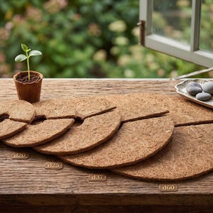 May include: A set of five circular brown coconut fiber mulch mats with a slit for plant stems, labeled with tags d14, d20, d25, d37, and d60, arranged in increasing size order on a wooden surface next to a small potted seedling.