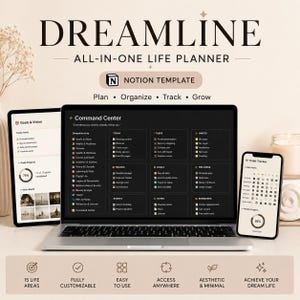 May include: A digital Notion template titled DREAMLINE ALL-IN-ONE LIFE PLANNER displayed on a laptop, tablet, and smartphone. The screens show a dark-themed Command Center dashboard with sections for goals, tasks, habits, finance, and wellness.