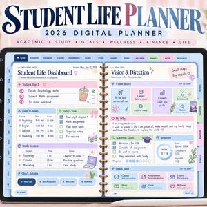 Könnte beinhalten: Ein digitaler 2026 Studenten-Planer auf einem Tablet-Bildschirm. Die Benutzeroberfläche zeigt ein Dashboard mit Bereichen für Kurse, Aufgaben, Prüfungen, Lernsitzungen, Vision Boards und akademische Ziele, organisiert mit pastellfarbenen Reitern.
