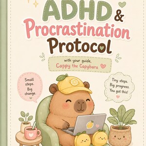 May include: A workbook titled My ADHD & Procrastination Protocol with your guide, Cappy the Capybara. The cover features a brown capybara wearing a yellow lemon hat, sitting in a green chair using a laptop, with two small round yellow fruit characters.
