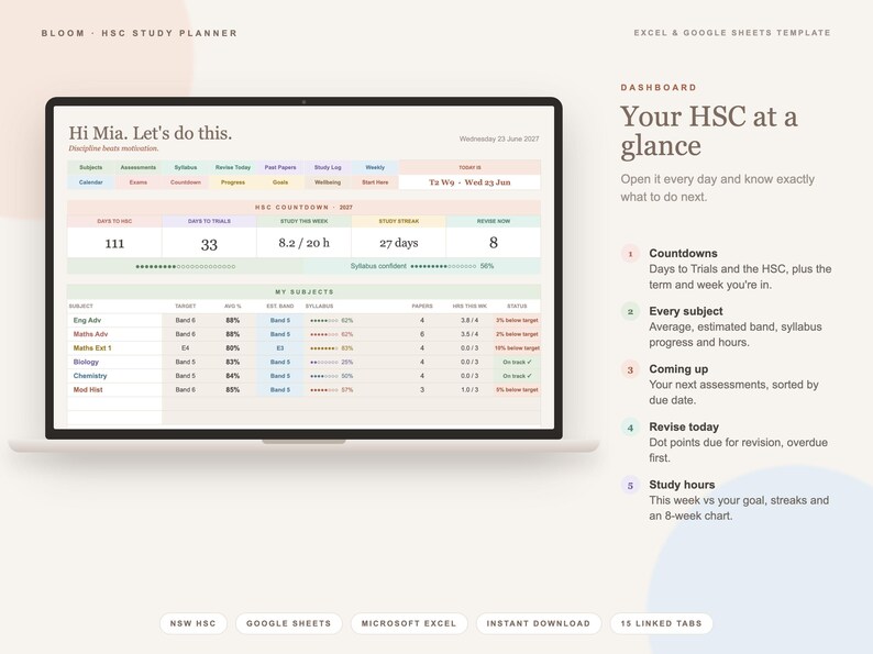 Progress Countdown Template HSC Study Planner Spreadsheet, NSW Year 12 ATAR Tracker, Exam Countdown ...