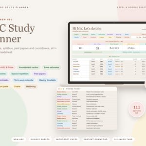 Puede incluir: Una plantilla digital de planificador de estudios HSC para Excel y Google Sheets mostrada en una pantalla de portátil. La interfaz presenta un panel con seguimiento de asignaturas, cuentas atrás y una lista de revisión diaria en tonos neutros.