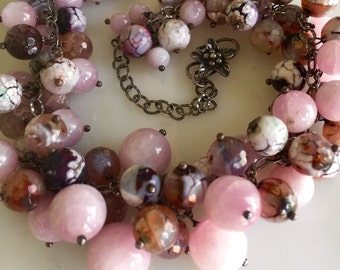 Gemstone Statement Necklace, Lilac Lepidiolite and Crackled Fire Agate in Brown, Purple Lilac