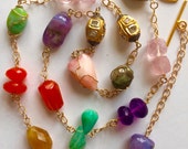 14K Solid Gold, Rose Cut Diamond Bead and Multi Gemstone Nugget Necklace, Green Tourmaline, Amethyst, Peruvian Opal, Carnelian, Rose Quartz